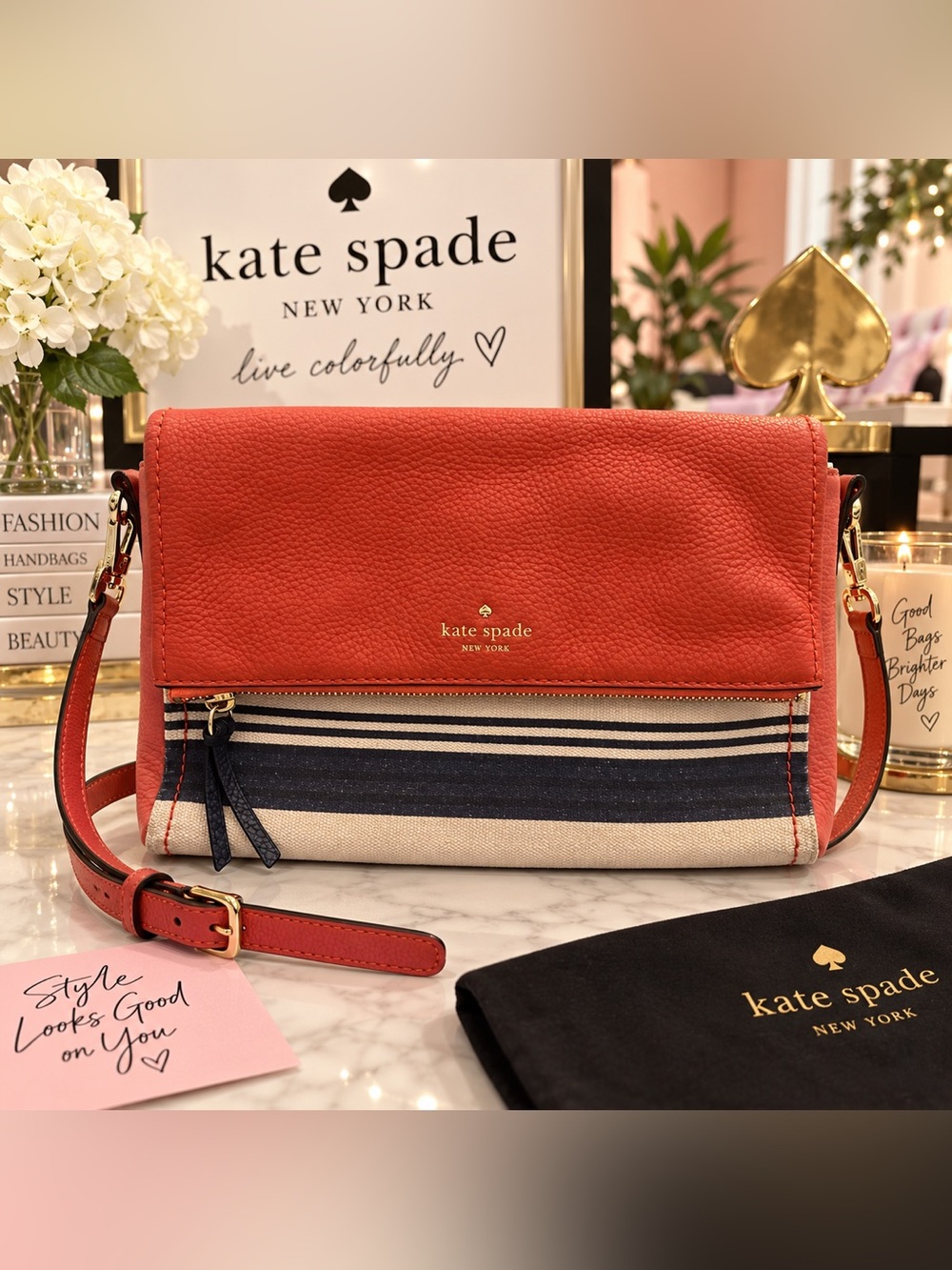 Kate Spade New York Coral/Red Pebbled Leather Striped Crossbody Bag